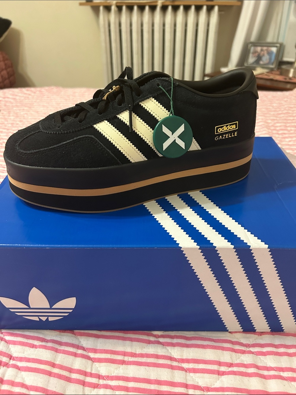 adidas Gazelle Platform Sneakers in Black and Off-White with Gum Stripe